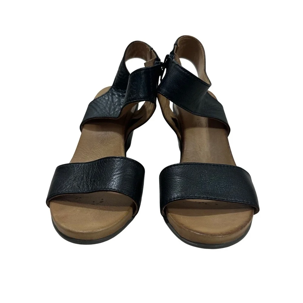 Bueno Black Leather Wedge Sandals Side Zip Made in Turkey Womens 37